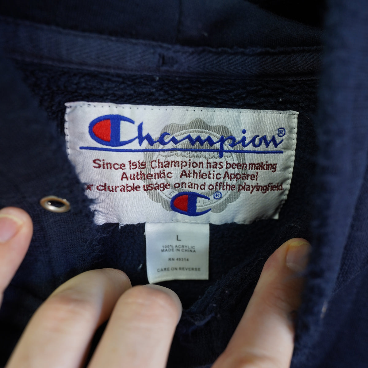 (L) Vtg Champion Navy 1775 Sea Warriors Embroidered Hoodie Navy Blue Mens L
