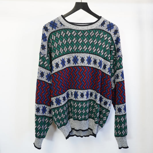 (XL) Vintage 90s Knit Geometric Sweater Mens XL Retro Multi Color Crew Neck Pullover