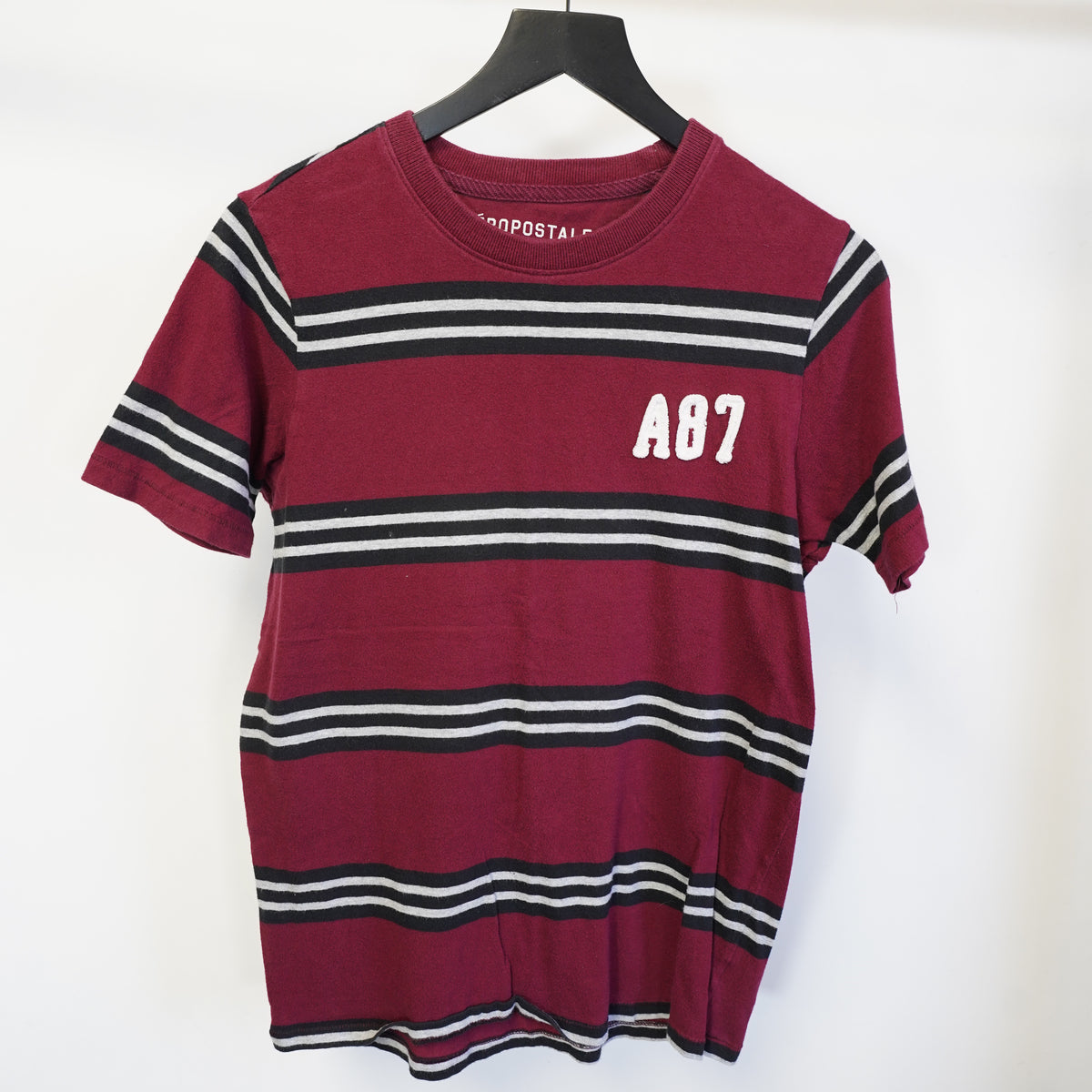 (S) Aeropostale Mens A87 Embroidered Striped T-Shirt Burgundy Y2K Small