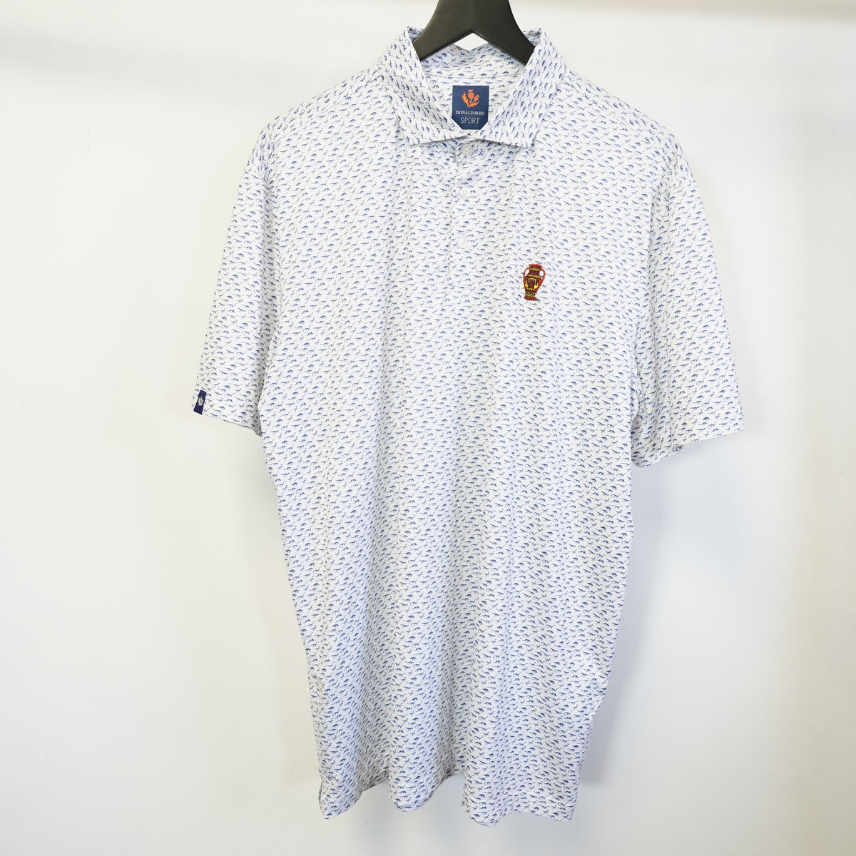 (XL) Donald Ross Sport Mens XL Dinosaur Print Golf Polo Shirt Blue White Embroidered