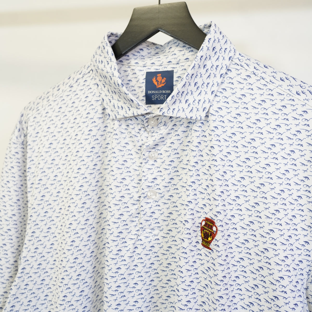 (XL) Donald Ross Sport Mens XL Dinosaur Print Golf Polo Shirt Blue White Embroidered