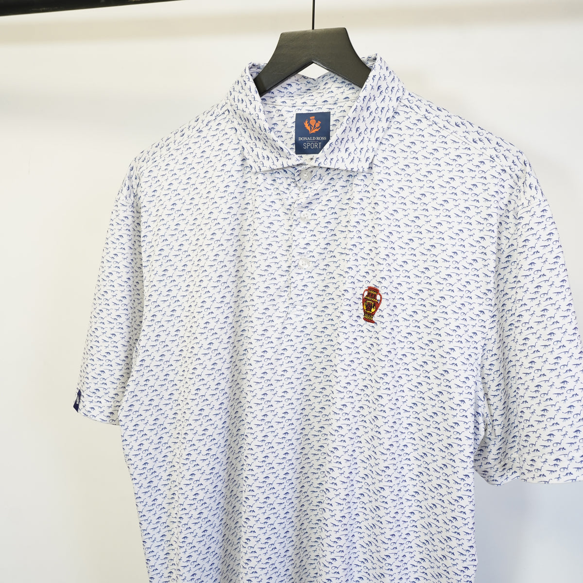 (XL) Donald Ross Sport Mens XL Dinosaur Print Golf Polo Shirt Blue White Embroidered