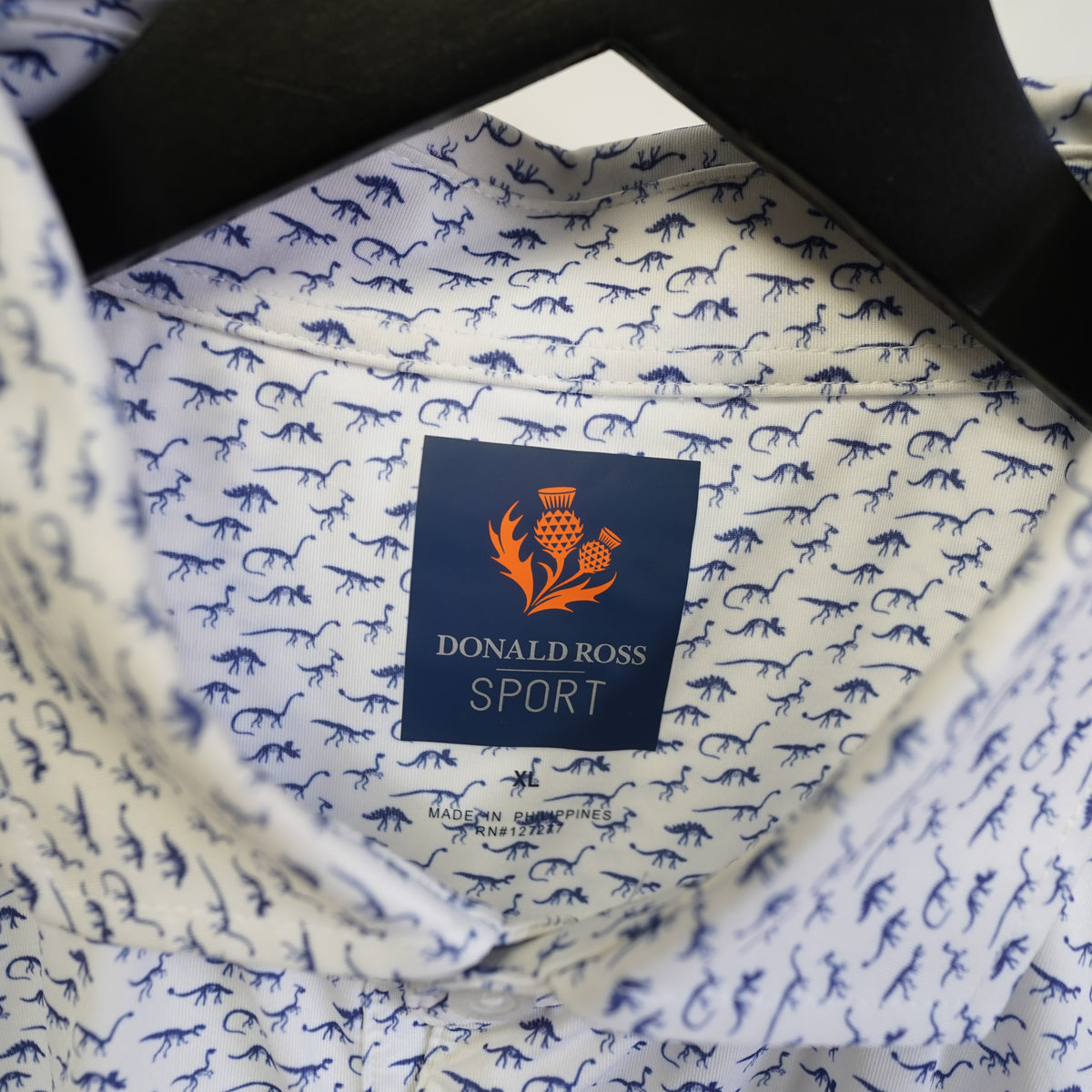 (XL) Donald Ross Sport Mens XL Dinosaur Print Golf Polo Shirt Blue White Embroidered