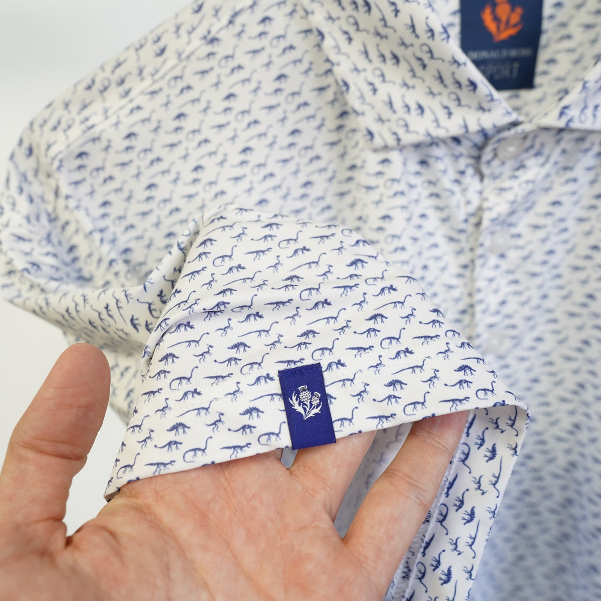 (XL) Donald Ross Sport Mens XL Dinosaur Print Golf Polo Shirt Blue White Embroidered