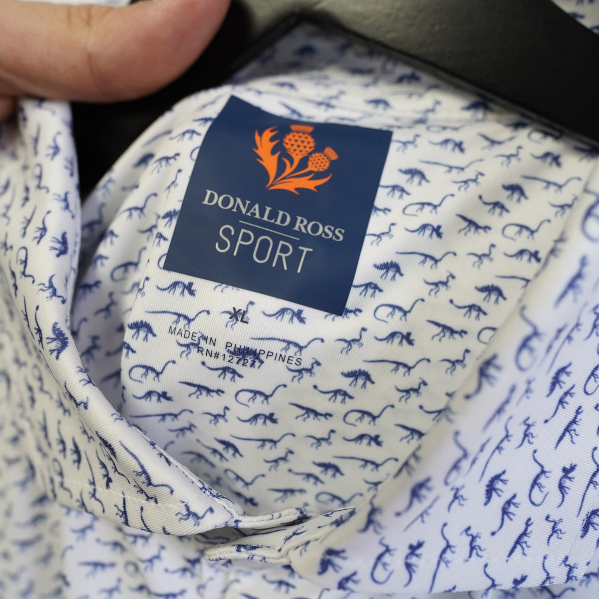 (XL) Donald Ross Sport Mens XL Dinosaur Print Golf Polo Shirt Blue White Embroidered