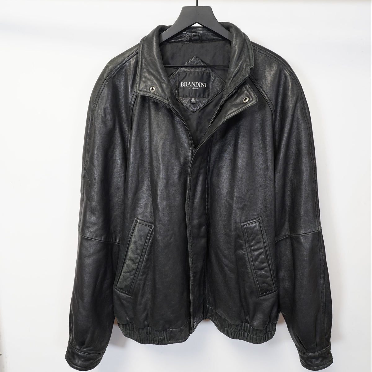 (XXL) Brandini Vintage Black Leather Bomber Jacket Mens XXL Full Zip Raglan Sleeve