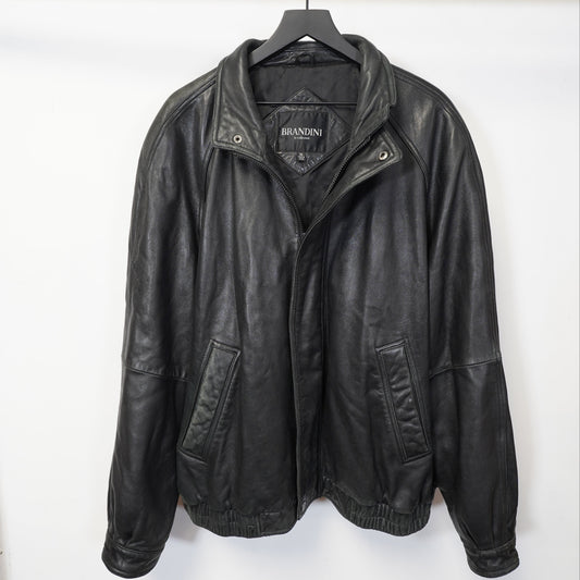 (XXL) Brandini Vintage Black Leather Bomber Jacket Mens XXL Full Zip Raglan Sleeve