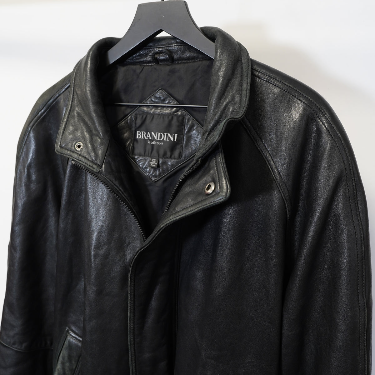 (XXL) Brandini Vintage Black Leather Bomber Jacket Mens XXL Full Zip Raglan Sleeve