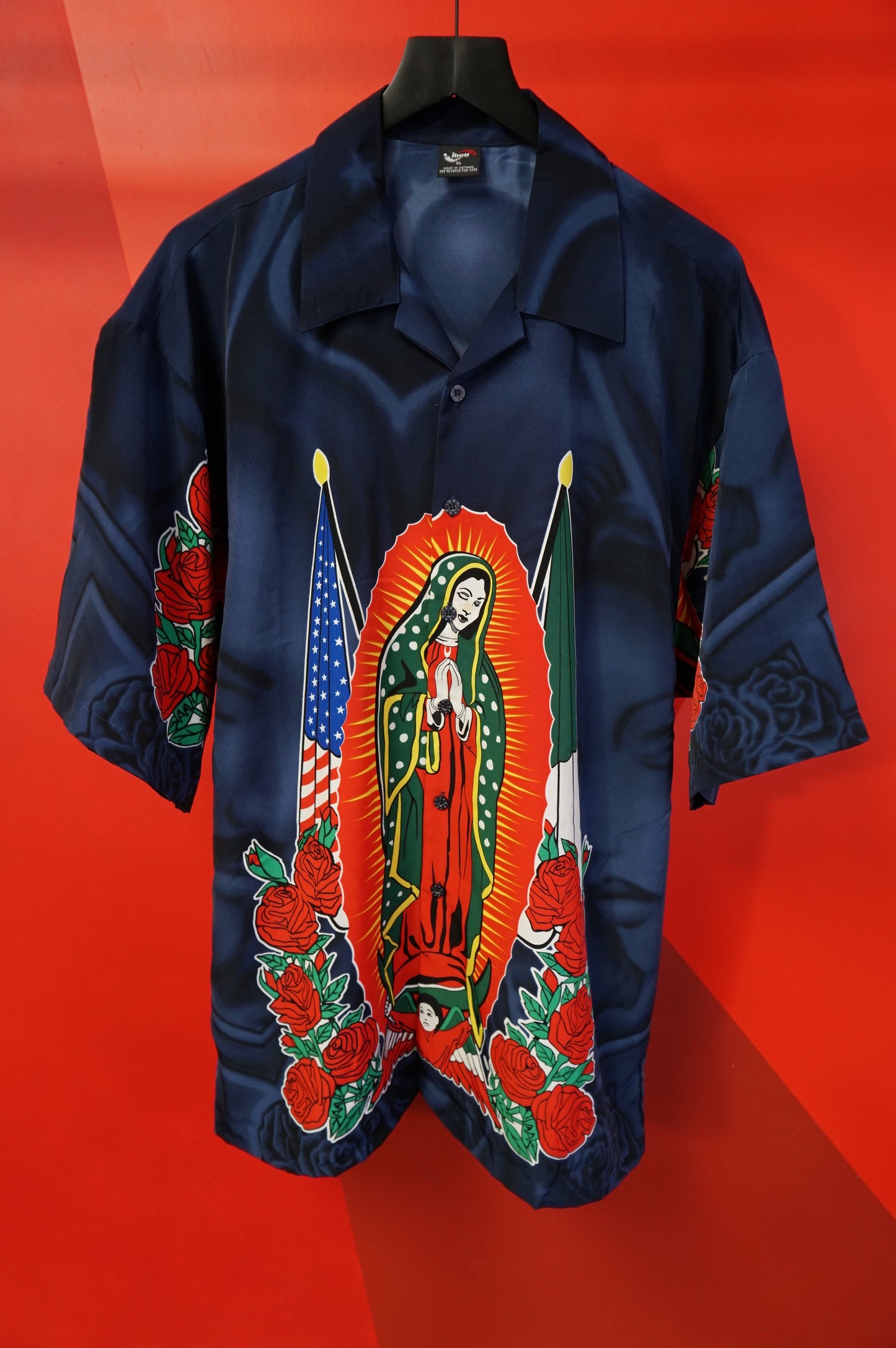 (XL) Y2K Navy Nuestra Senora de Guadalupe Button Up Shirt