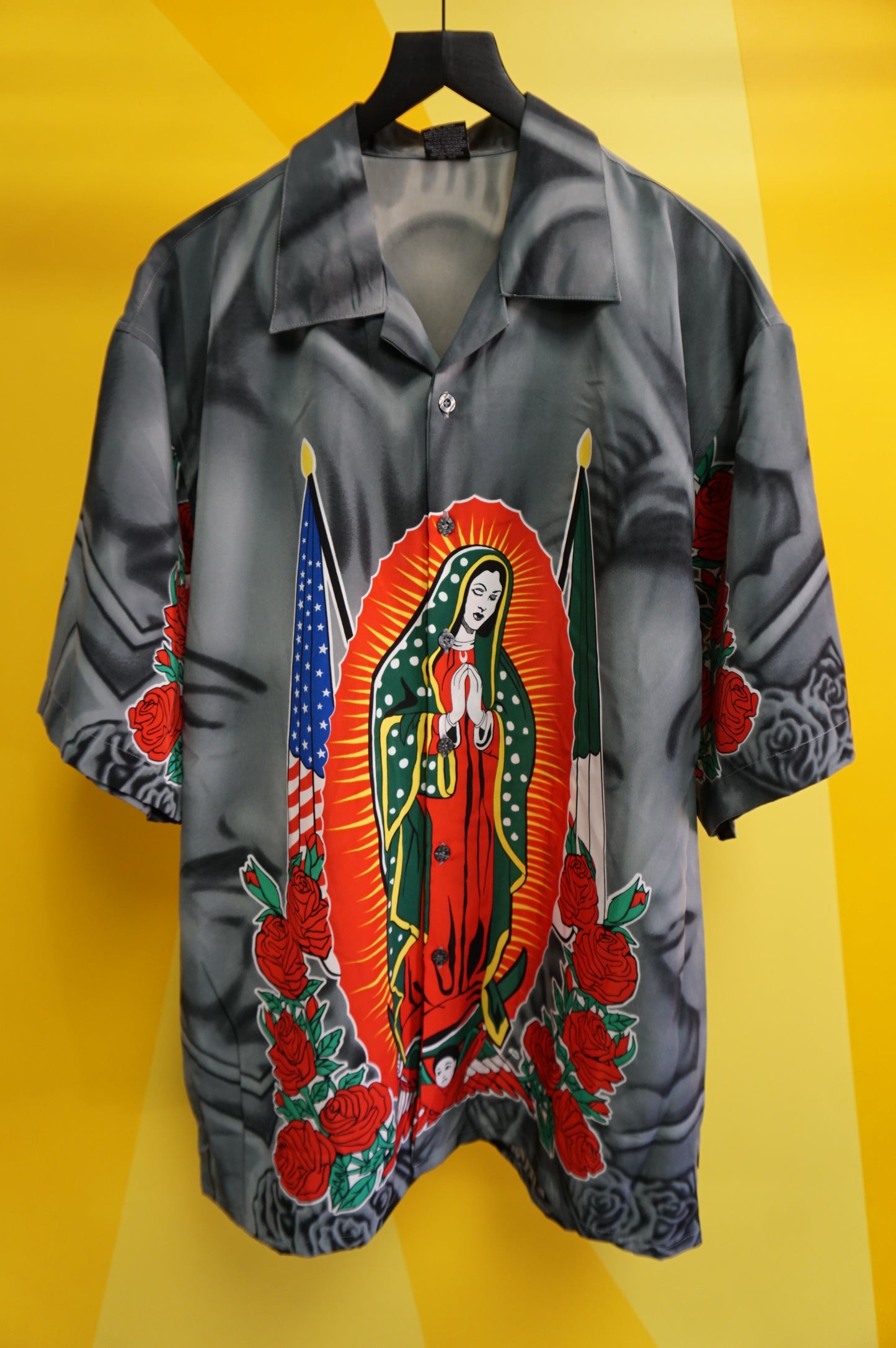 (XL) Y2K Grey Nuestra Senora de Guadalupe Button Up Shirt