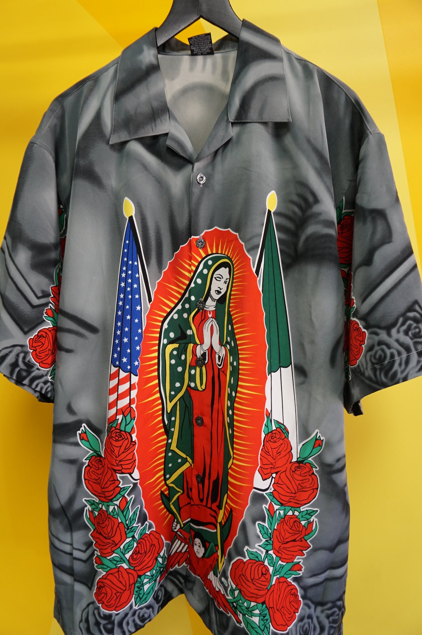 (XL) Y2K Grey Nuestra Senora de Guadalupe Button Up Shirt