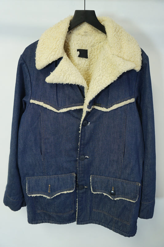 (L) 42T Vintage 70s Sears Roebucks Blue Denim Sherpa Lined Trucker Jacket