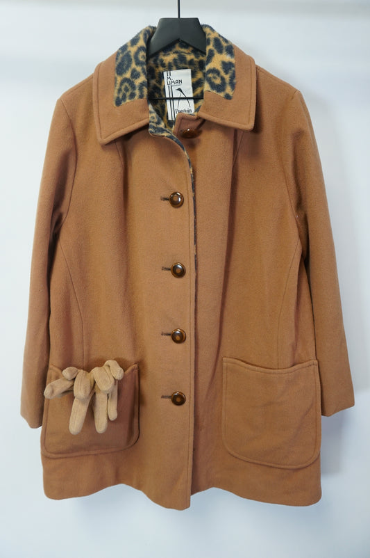 (Women's L) Penguin Fashions Vtg Leopard Print Interior 100% Wool Coat w/ Gloves