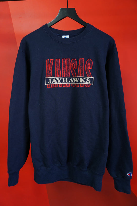 (L/XL) Vtg Champion Kansas Jayhawks Embroidered Crewneck