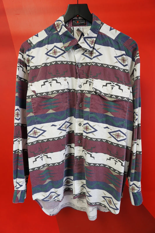 (L/XL) Vtg Striped Western Button Up Shirt