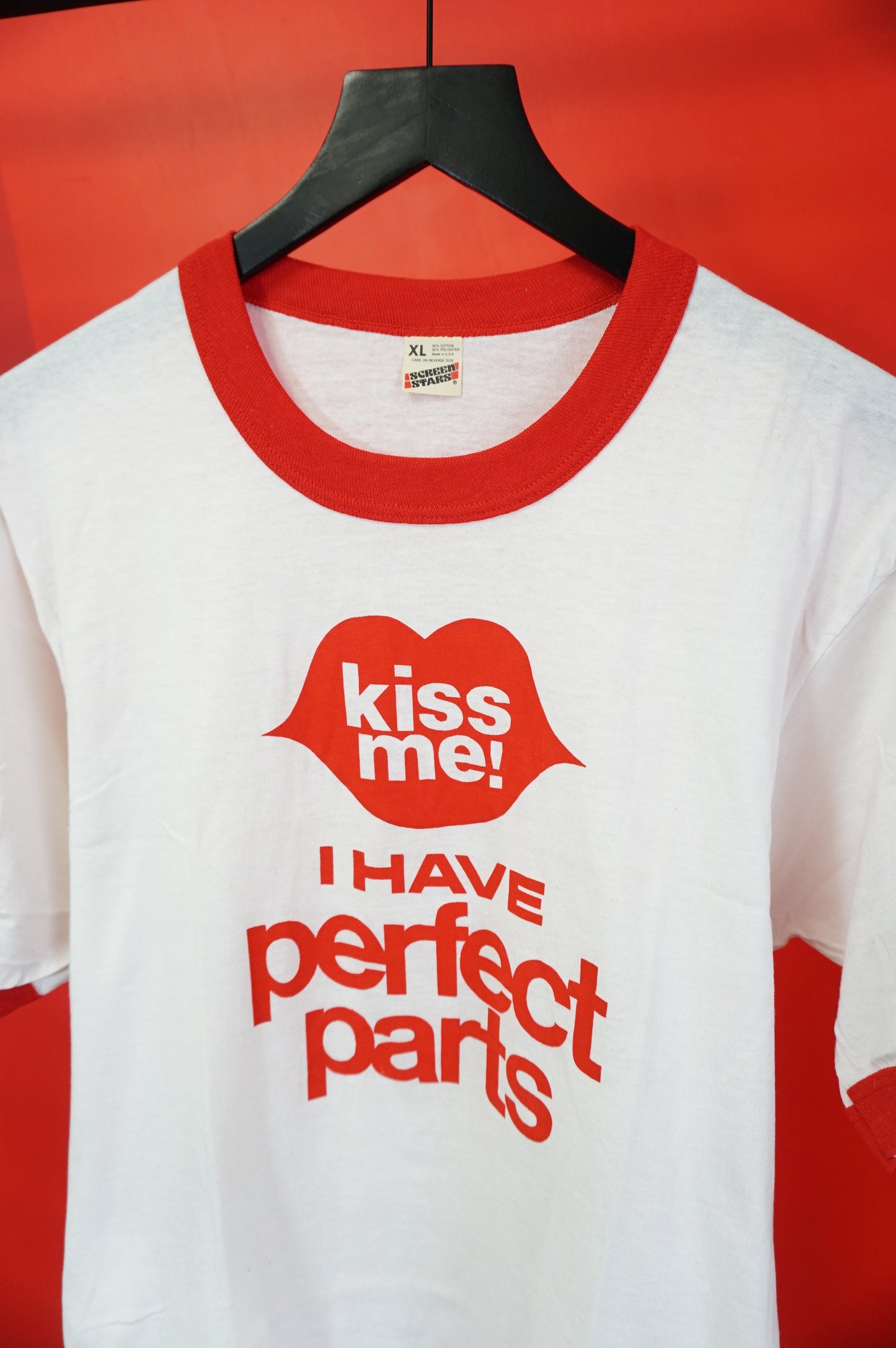 (L) Kiss Me I Have Perfect Parts Single Stitch Ringer T-Shirt