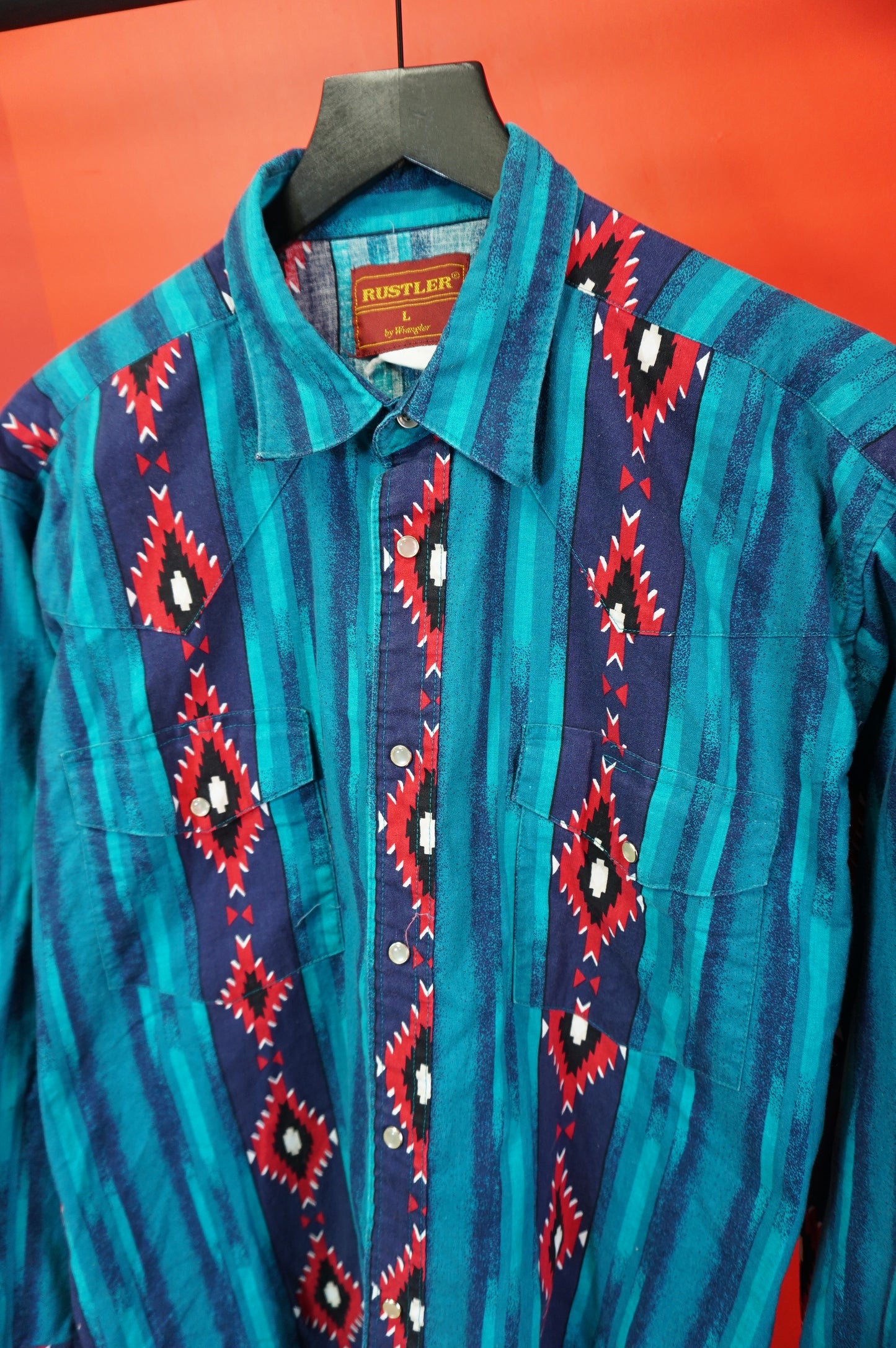 (L) Vtg Rustler Western Pearl Snap Button Up Shirt