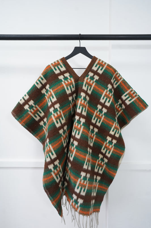 (One Size) Vintage Reversible Knit Poncho Mexican Blanket Southwestern Serape