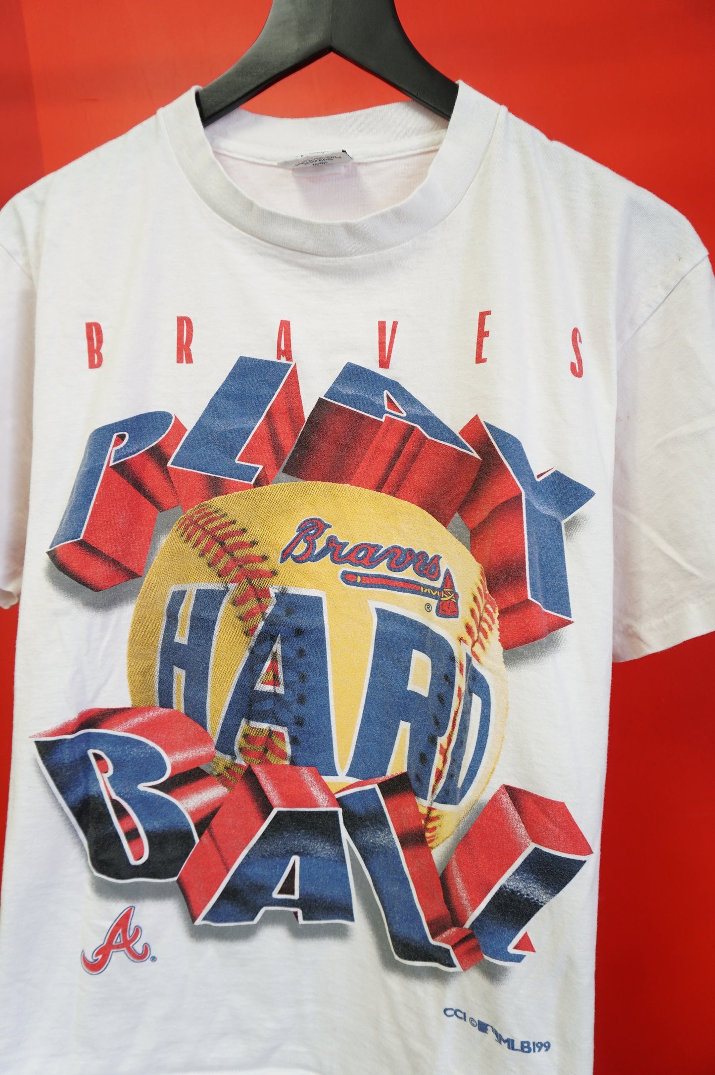 (L) Vtg Atlanta Braves Play Hard Ball Single Stitch T-Shirt