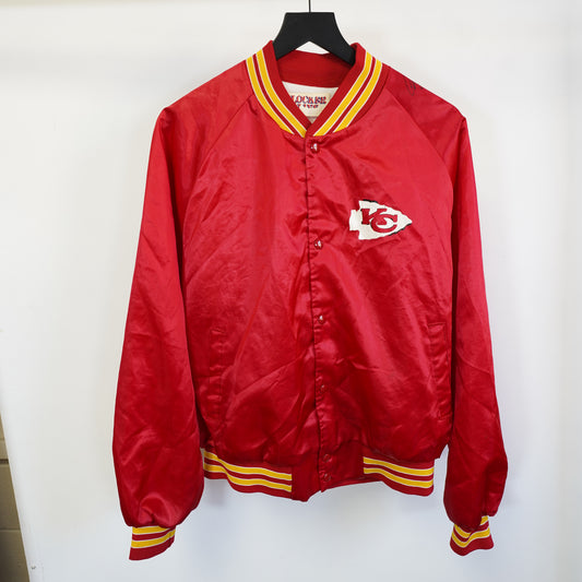 Vintage 80s Kansas City Chiefs Satin Bomber Jacket Locker Line Red Mens L Signed