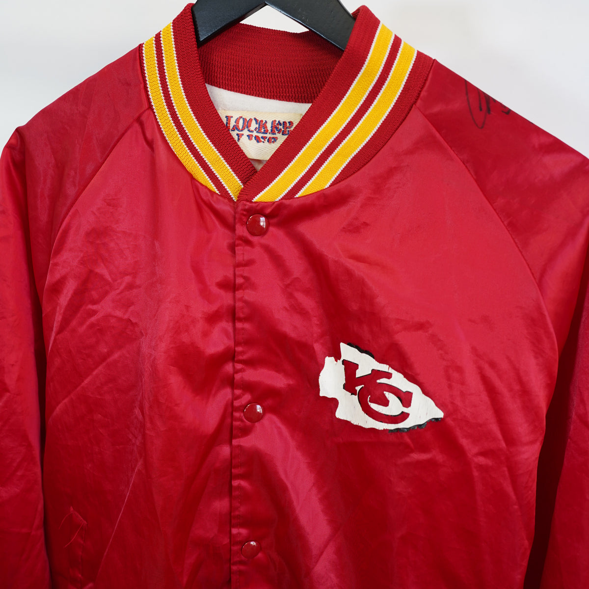 Vintage 80s Kansas City Chiefs Satin Bomber Jacket Locker Line Red Mens L Signed