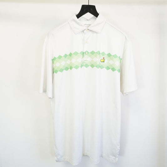 (M) Masters Tech Golf Polo Shirt Mens Medium White Green Argyle Tournament Logo