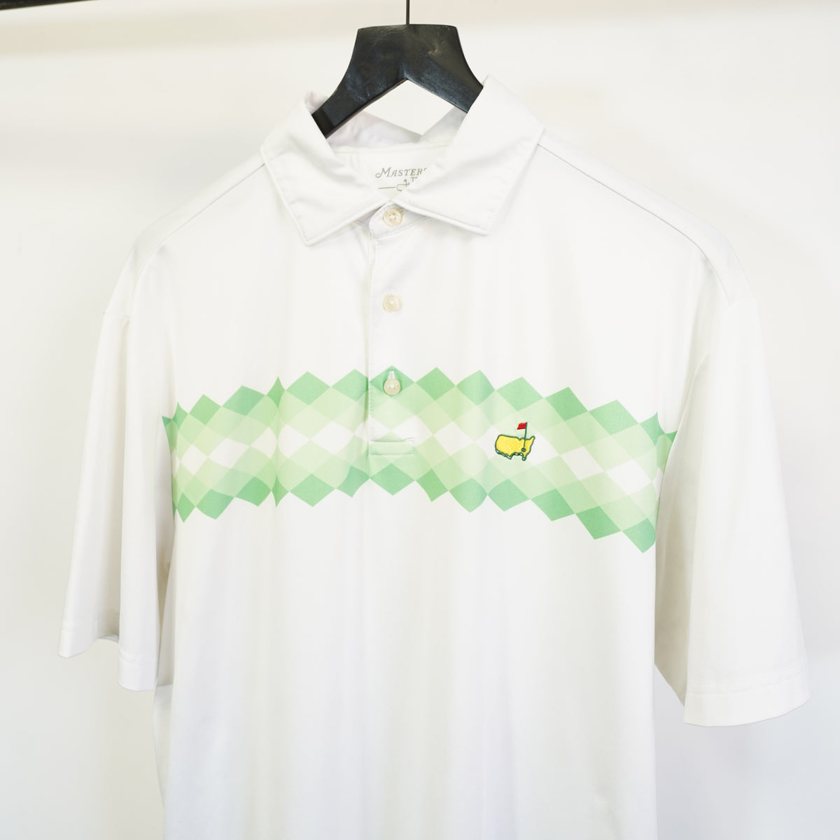 (M) Masters Tech Golf Polo Shirt Mens Medium White Green Argyle Tournament Logo