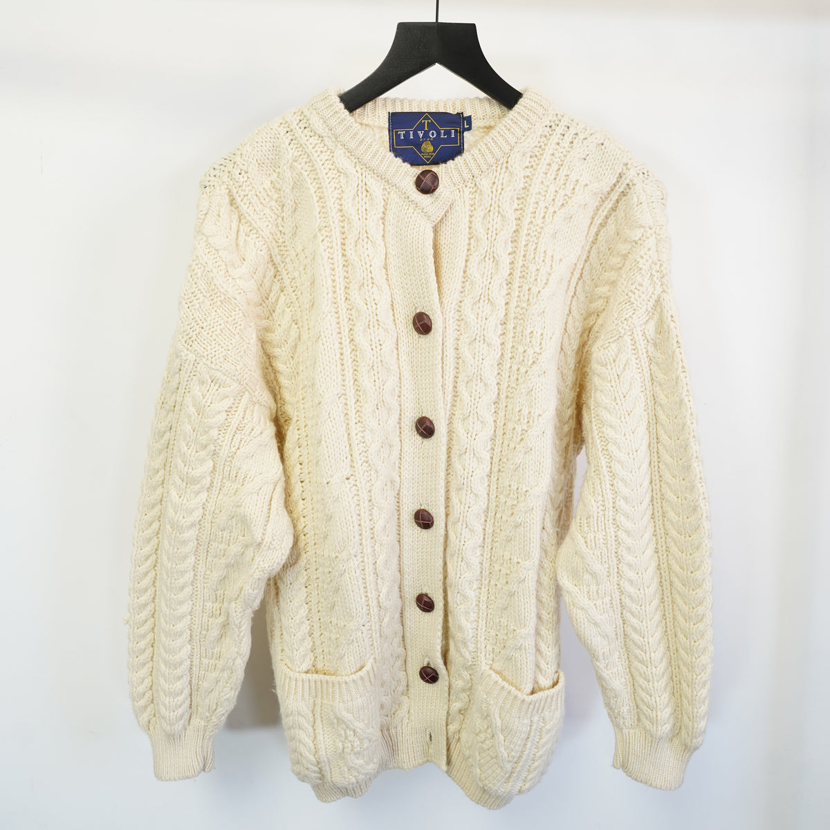 (L) Tivoli Aran Pure New Wool Cardigan Sweater Mens Large Cream Fair Isle Cable Knit