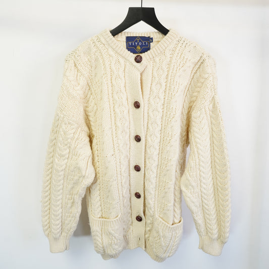 (L) Tivoli Aran Pure New Wool Cardigan Sweater Mens Large Cream Fair Isle Cable Knit