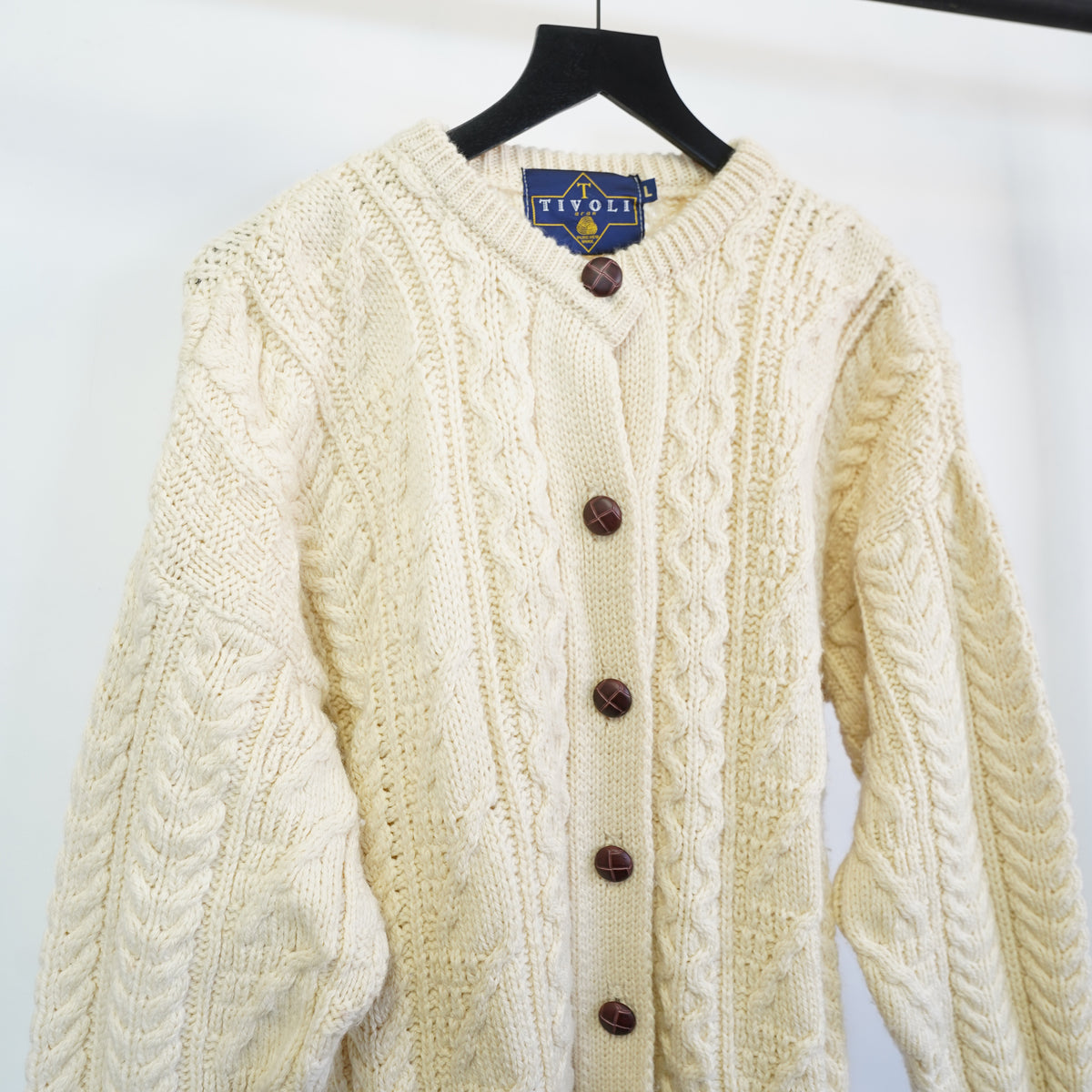 (L) Tivoli Aran Pure New Wool Cardigan Sweater Mens Large Cream Fair Isle Cable Knit