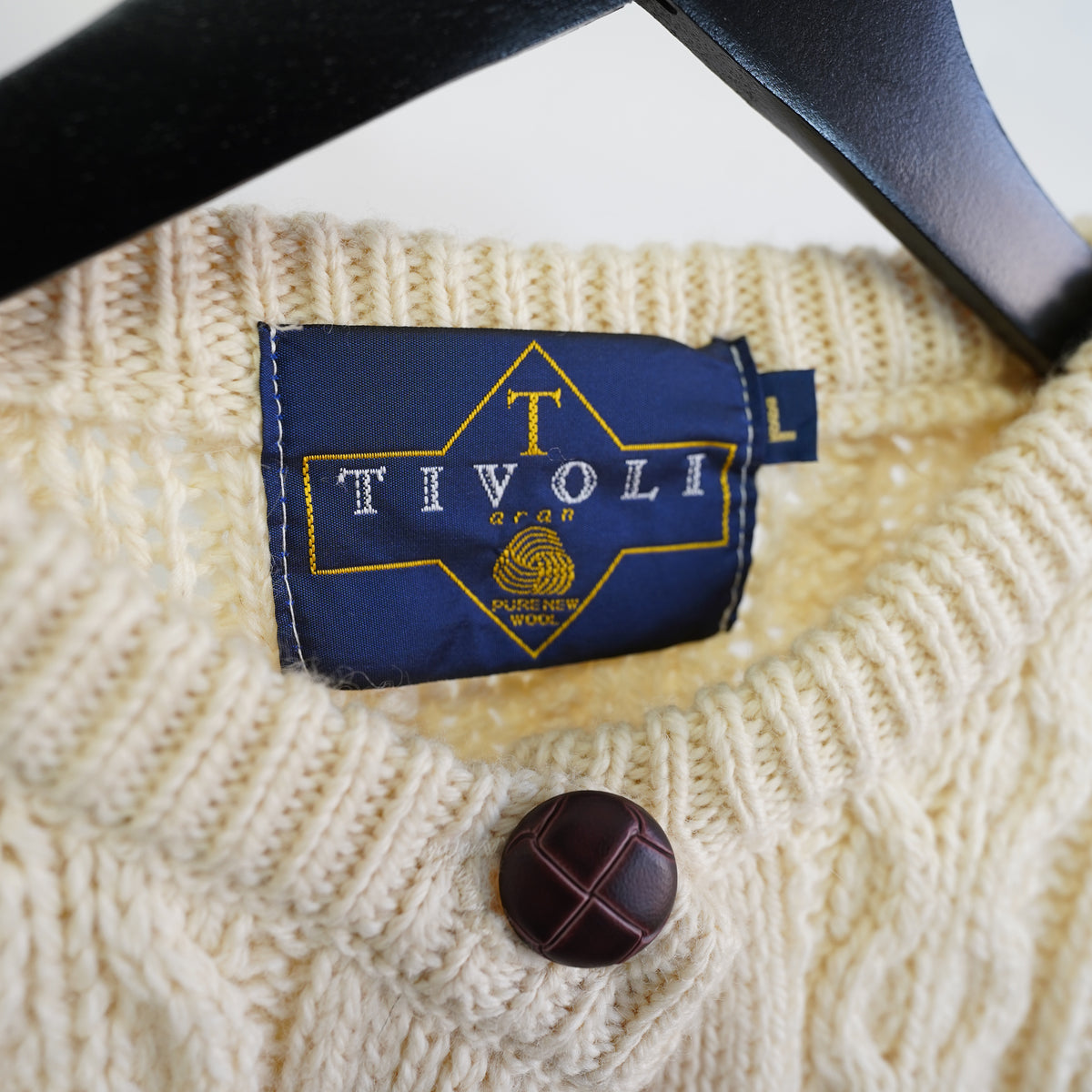 (L) Tivoli Aran Pure New Wool Cardigan Sweater Mens Large Cream Fair Isle Cable Knit