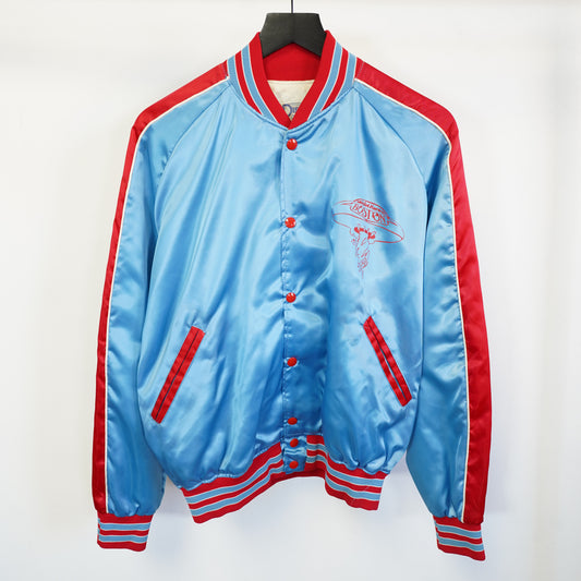 (M) Vintage 1970s Boston Band Satin Bomber Jacket Disc Record Store Blue Red Mens M