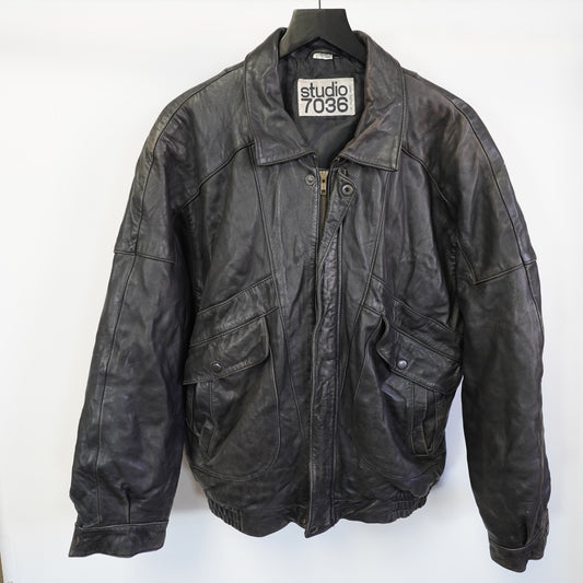 (L) Studio 7036 Philippe Monet Mens Black Leather Bomber Jacket Large Vintage Style