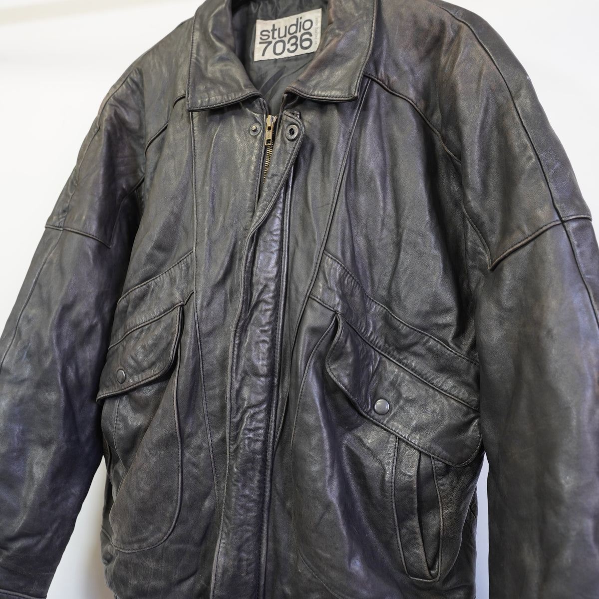 (L) Studio 7036 Philippe Monet Mens Black Leather Bomber Jacket Large Vintage Style