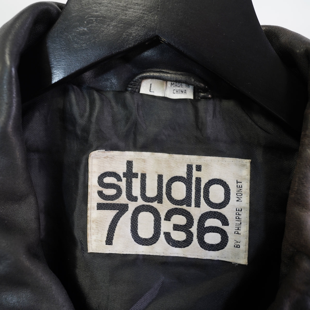 (L) Studio 7036 Philippe Monet Mens Black Leather Bomber Jacket Large Vintage Style