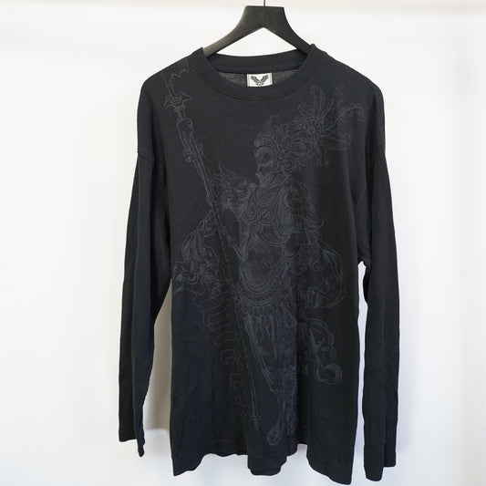 (XL) Avirex Mens XL Black Thermal Shirt Y2K Knight Castle Graphic Long Sleeve Waffle
