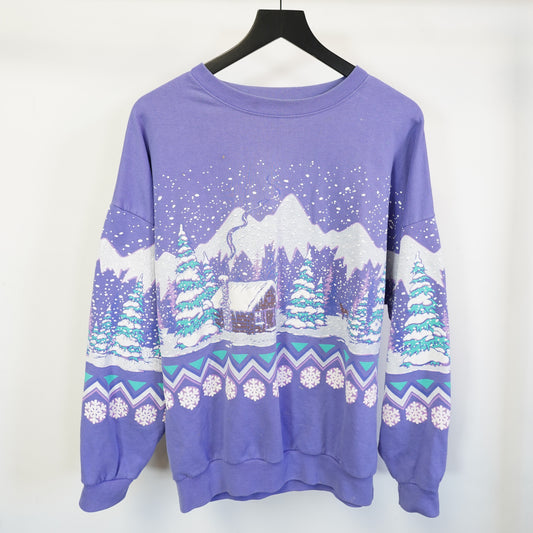 (XL) Vintage Christmas AOP Snowy Mountain Cabin Sweatshirt XL Nature 90s