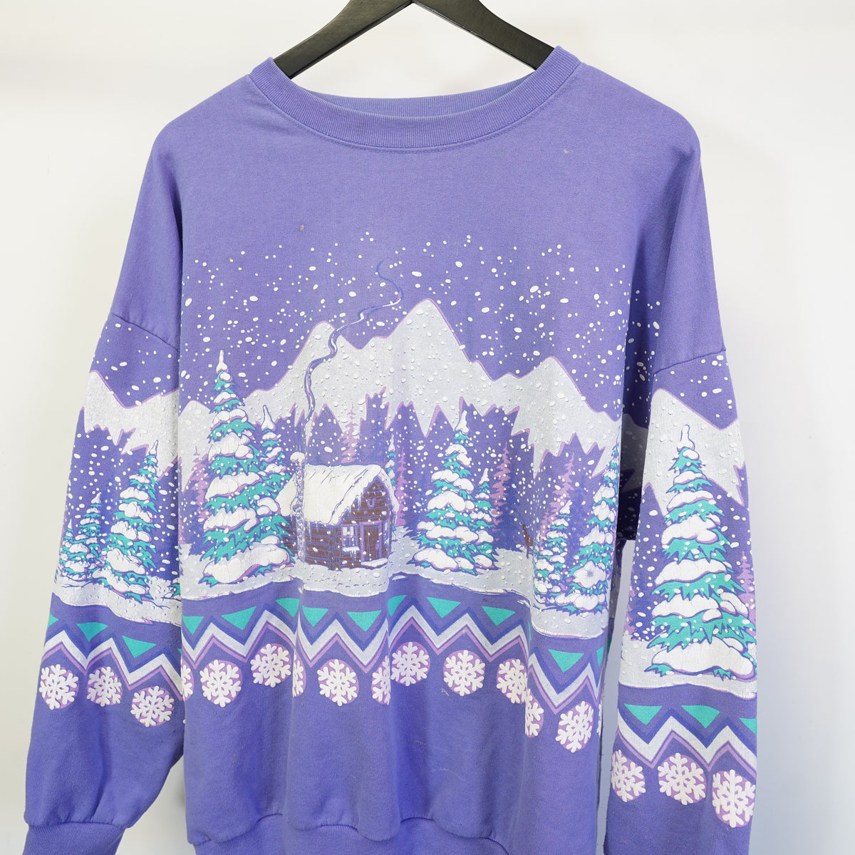 (XL) Vintage Christmas AOP Snowy Mountain Cabin Sweatshirt XL Nature 90s