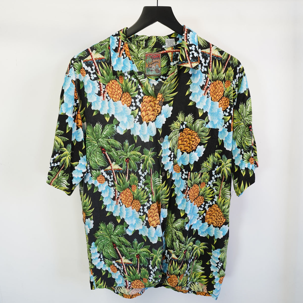 (M) Pineapple Connection Vintage 90s Tropical Hawaiian Shirt Mens Medium Black Rayon