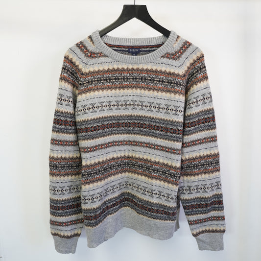 (XL) J.Crew Mens XL Grey Fair Isle Knit Crewneck Sweater Preppy Raglan Sleeve