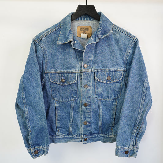 (S) Vintage 90s GAP Denim Jacket Mens Small Medium Wash Blue Trucker Preppy Coat