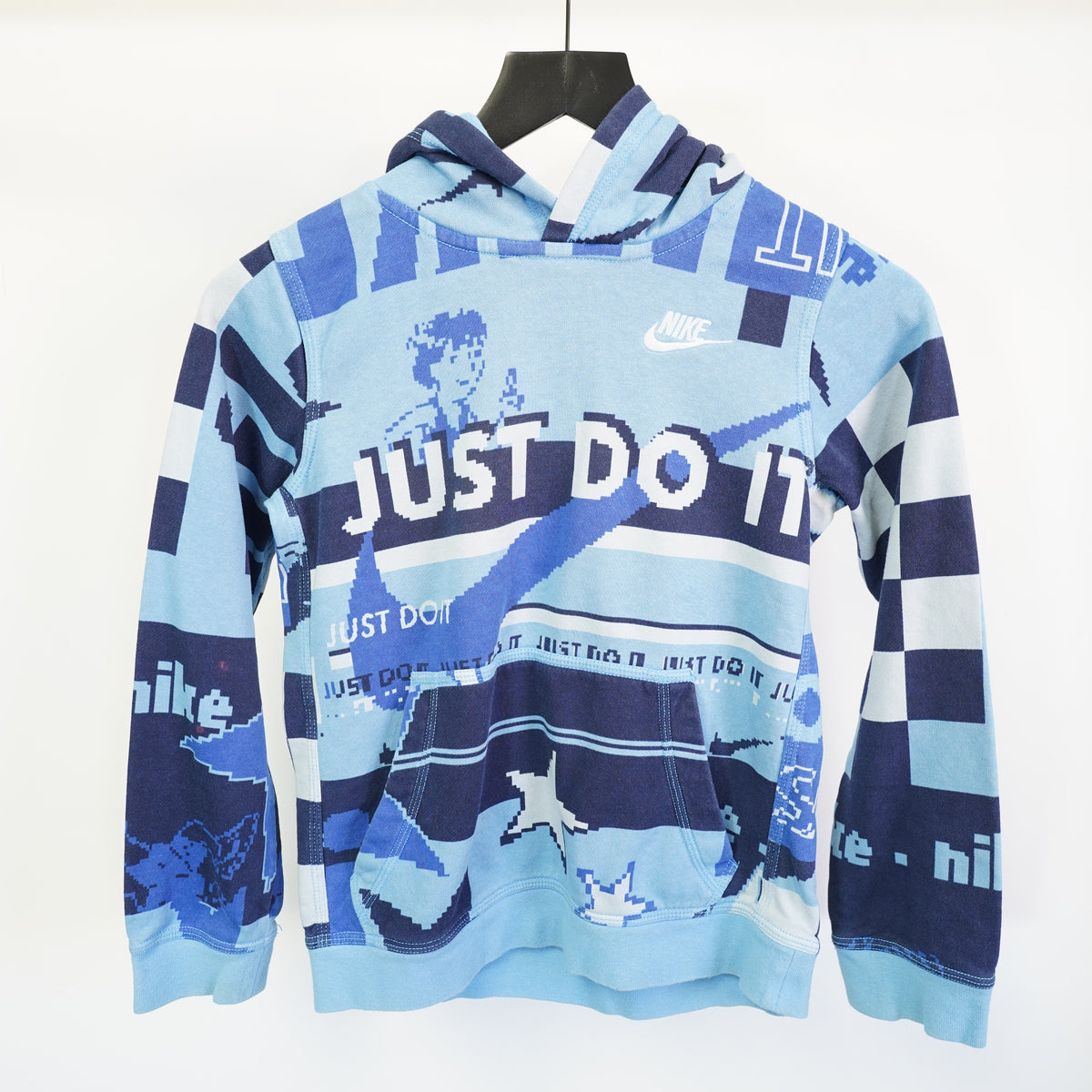 (Boys M) Nike Boys All Over Print Retro Just Do It Pixel Graphic Hoodie Blue Size M