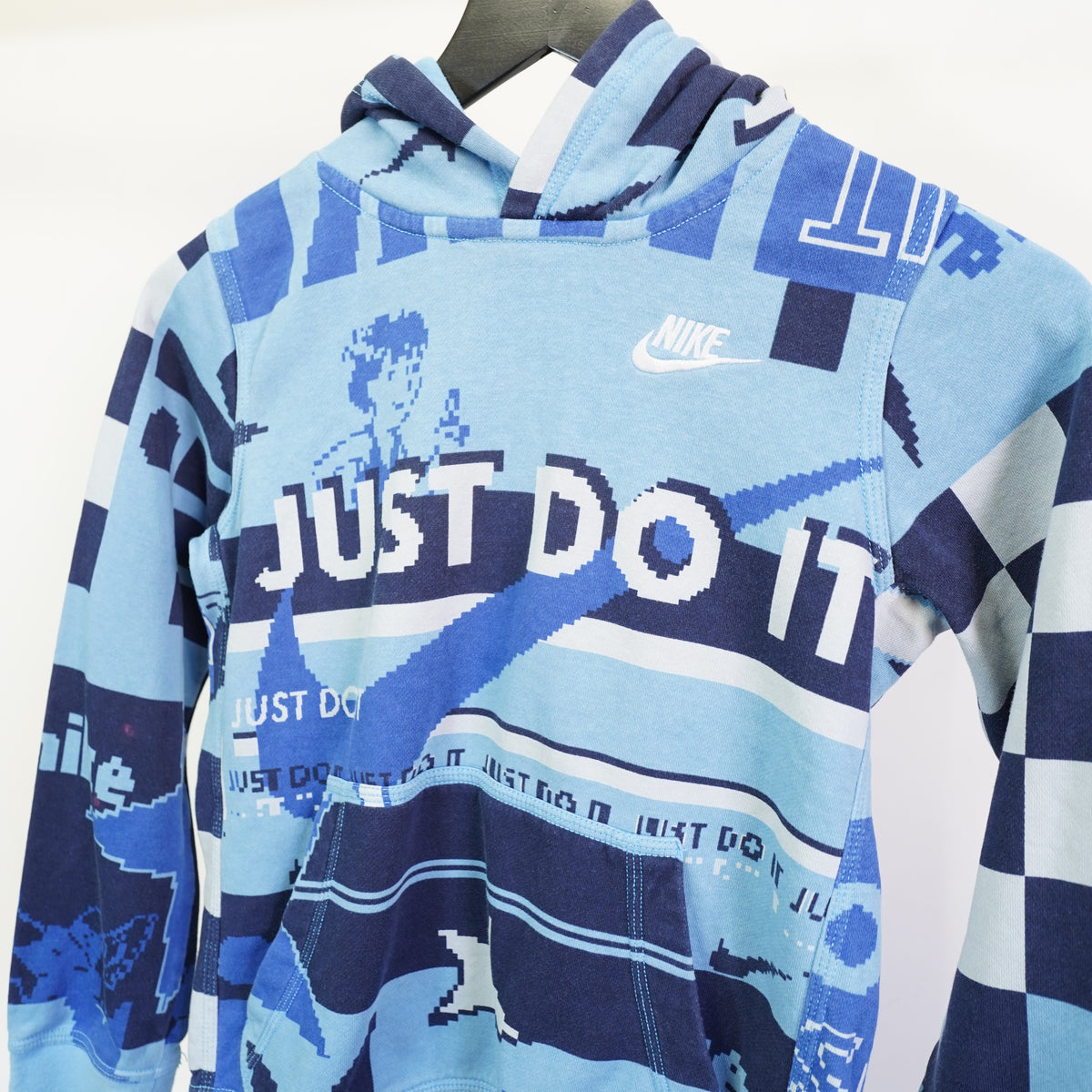 (Boys M) Nike Boys All Over Print Retro Just Do It Pixel Graphic Hoodie Blue Size M