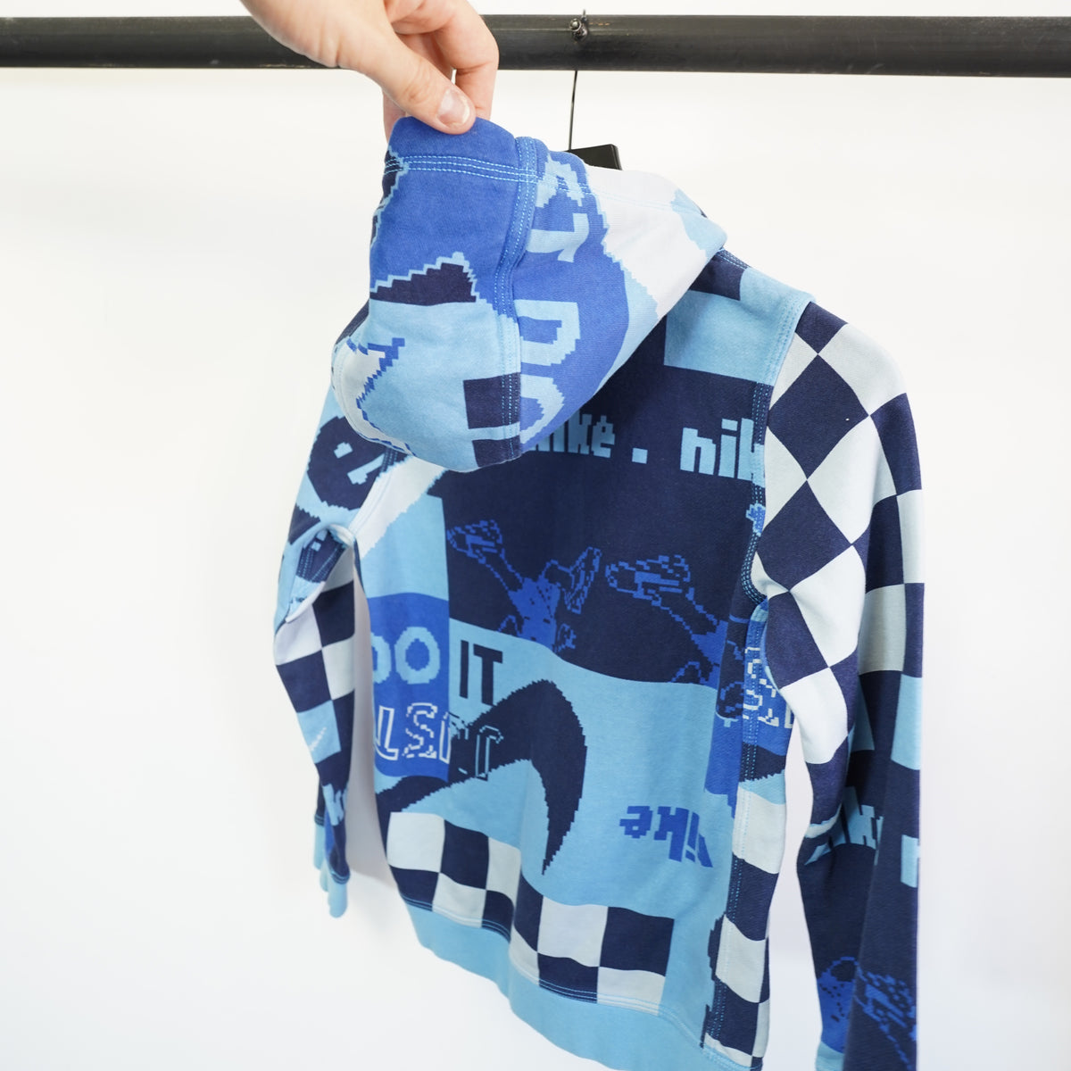 (Boys M) Nike Boys All Over Print Retro Just Do It Pixel Graphic Hoodie Blue Size M