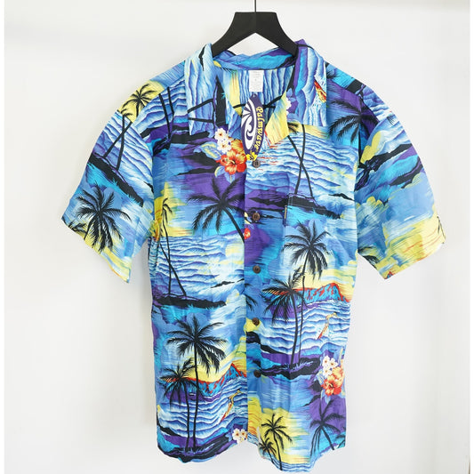(L) Palm Wave Floral Hawaiian Shirt Men's L Tropical Hibiscus Surf New w/Tags Blue