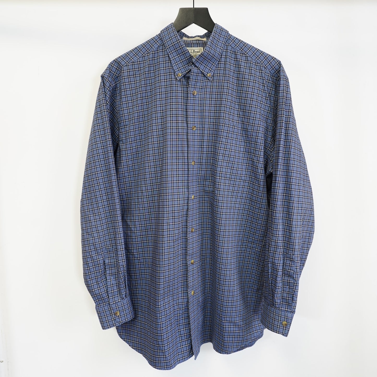 (L) L.L. Bean Blue Plaid Button Up Shirt LS Men's L-Tall Wrinkle Resistant Preppy