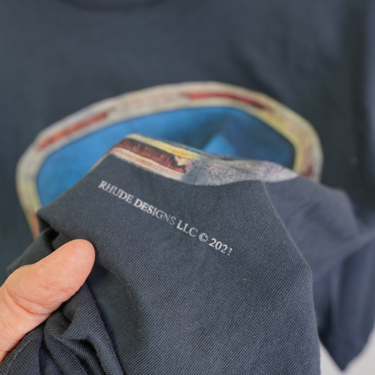 (L) Rhude Lone Wolf Graphic T-Shirt Men's L Navy Blue Grey Streetwear