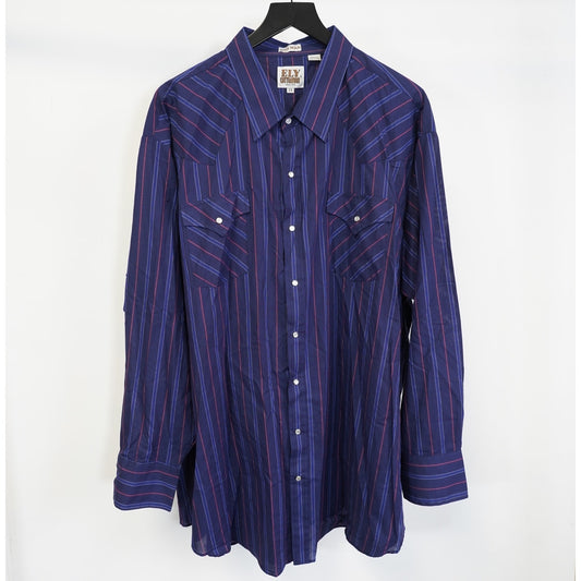 (3XL) Vintage Ely Cattleman Western Pearl Snap Button Up Mens 3XL Blue Striped Big Man