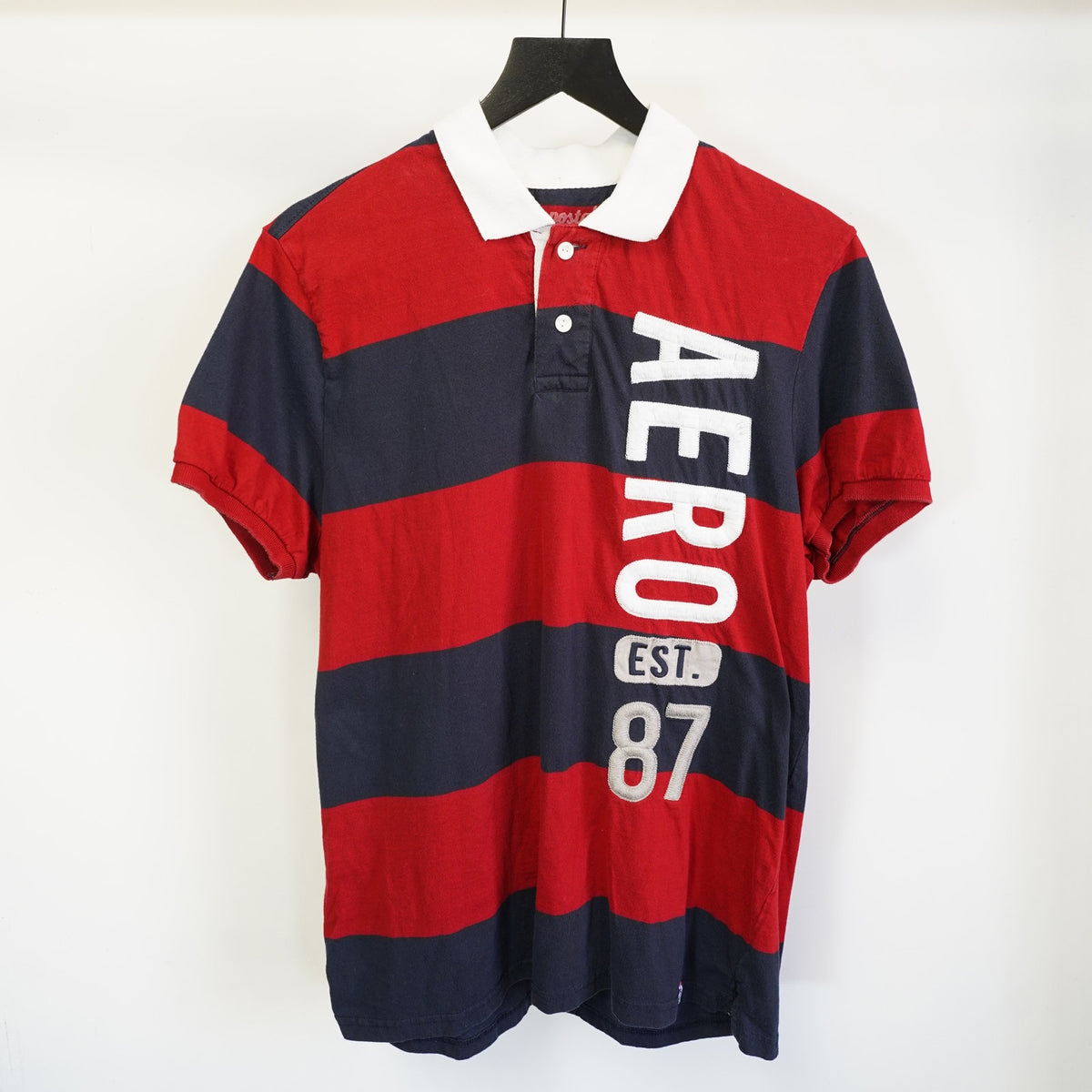 (L) Aeropostale Y2K Embroidered Striped Polo Shirt Men's L Red Blue Stripe Sewn 2000
