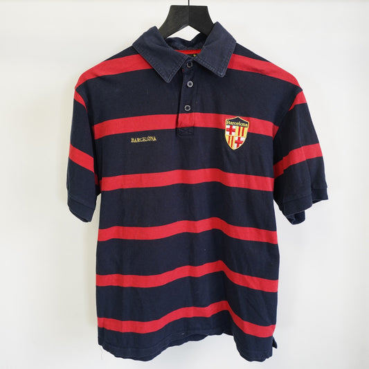 (L) Vintage FC Barcelona Embroidered Striped Polo Shirt Y2K Men's L Red Blue 2000s